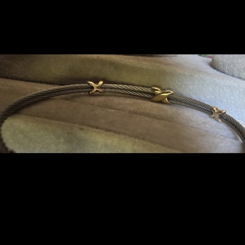 Milor 14k Yellow Gold Xs X's Stainless Steel Cable Bracelet Tennis Italy - Picture 5 of 9